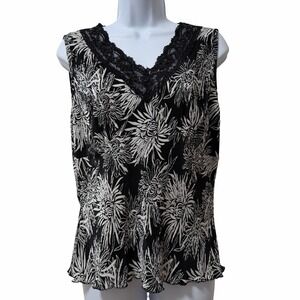 Dressbarn Womens Floral Y2K Babydoll Fairy Grunge Pleated‎ Tank Top Size L Black